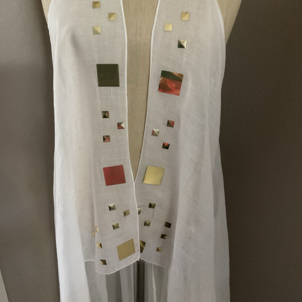 swim cover up white sheer cotton maxi from Turkey with Gold Accents Sz M - Picture 5 of 16